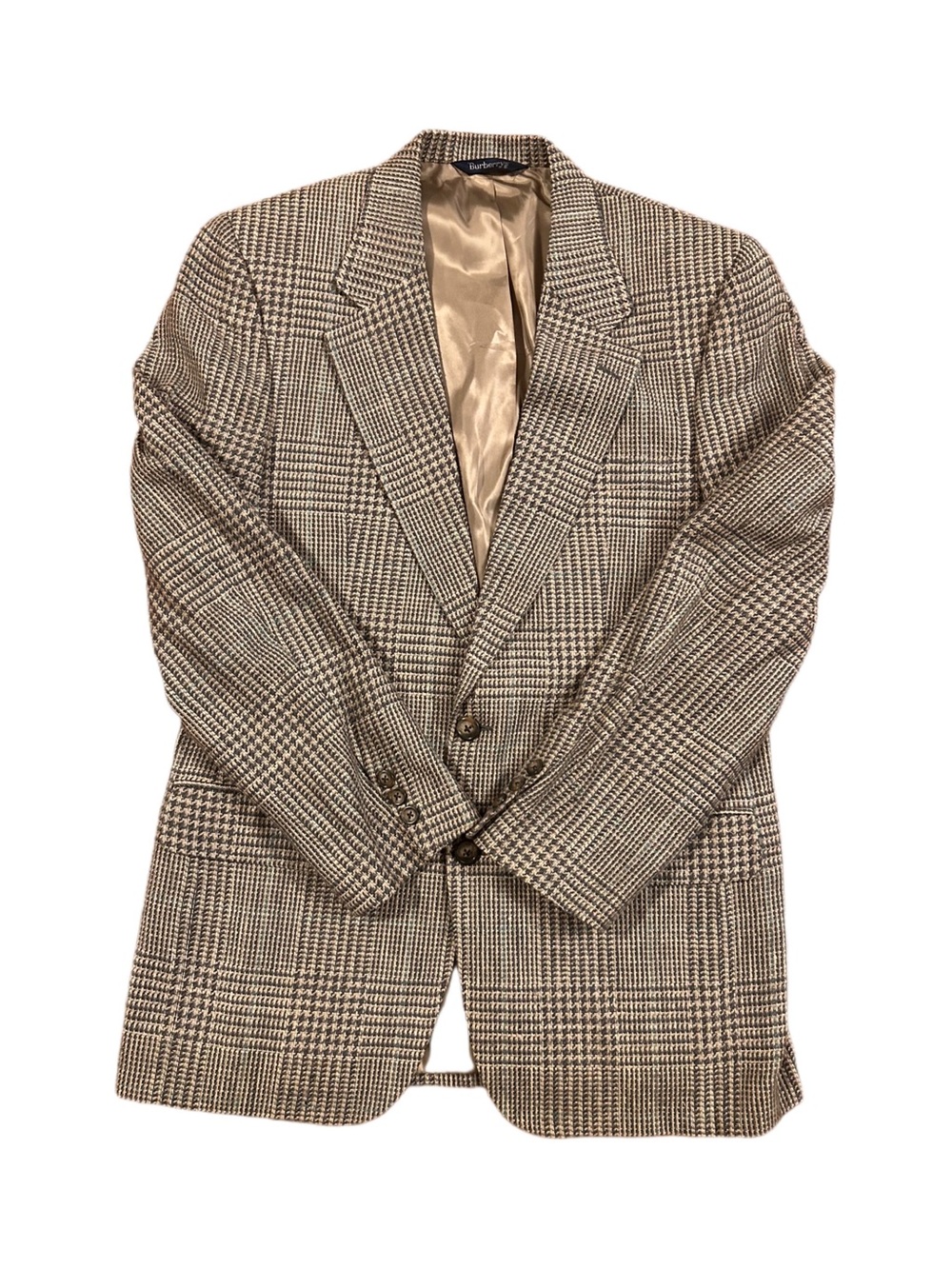 VTG 90s Burberrys Mens Blazer 40R Tan Gray Glen Plaid 100% Silk Sport Coat USA